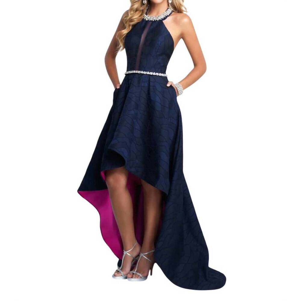 NEW BLUSH PROM crystal encrusted halter high low prom dress in navy/hot pink